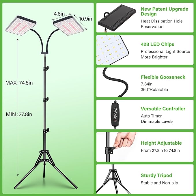 FOXGARDEN Plastic Standing Grow Light with Timer, Dual Head
