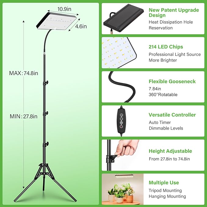 FOXGARDEN Plastic Standing Grow Light with Timer, One Head